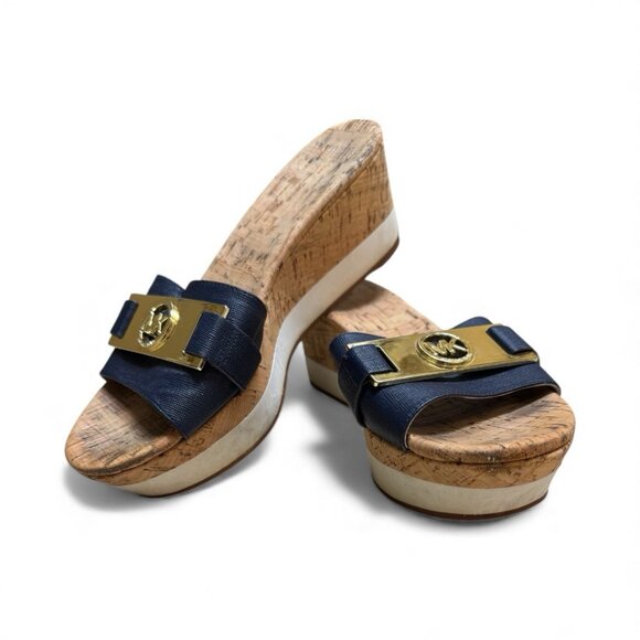 Michael Kors Cork Platform Slides Gold MK Logo Navy Size 7.5 Sandals 2.5” - Picture 2 of 5
